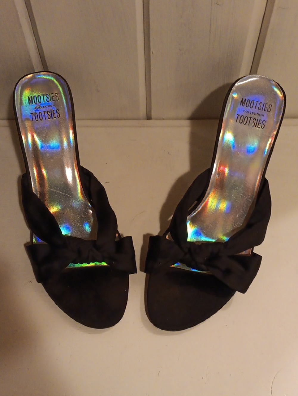 Mootsies Tootsies Black Bow Slide Heels with Iridescent Footbed